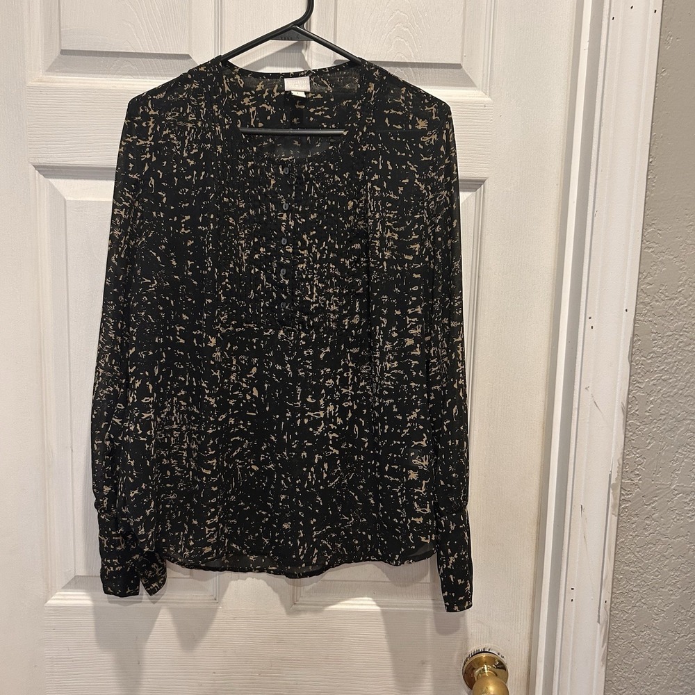 Converse One Star Womens Black Tan Abstract Print Sheer Pintuck Henley Blouse‎ L